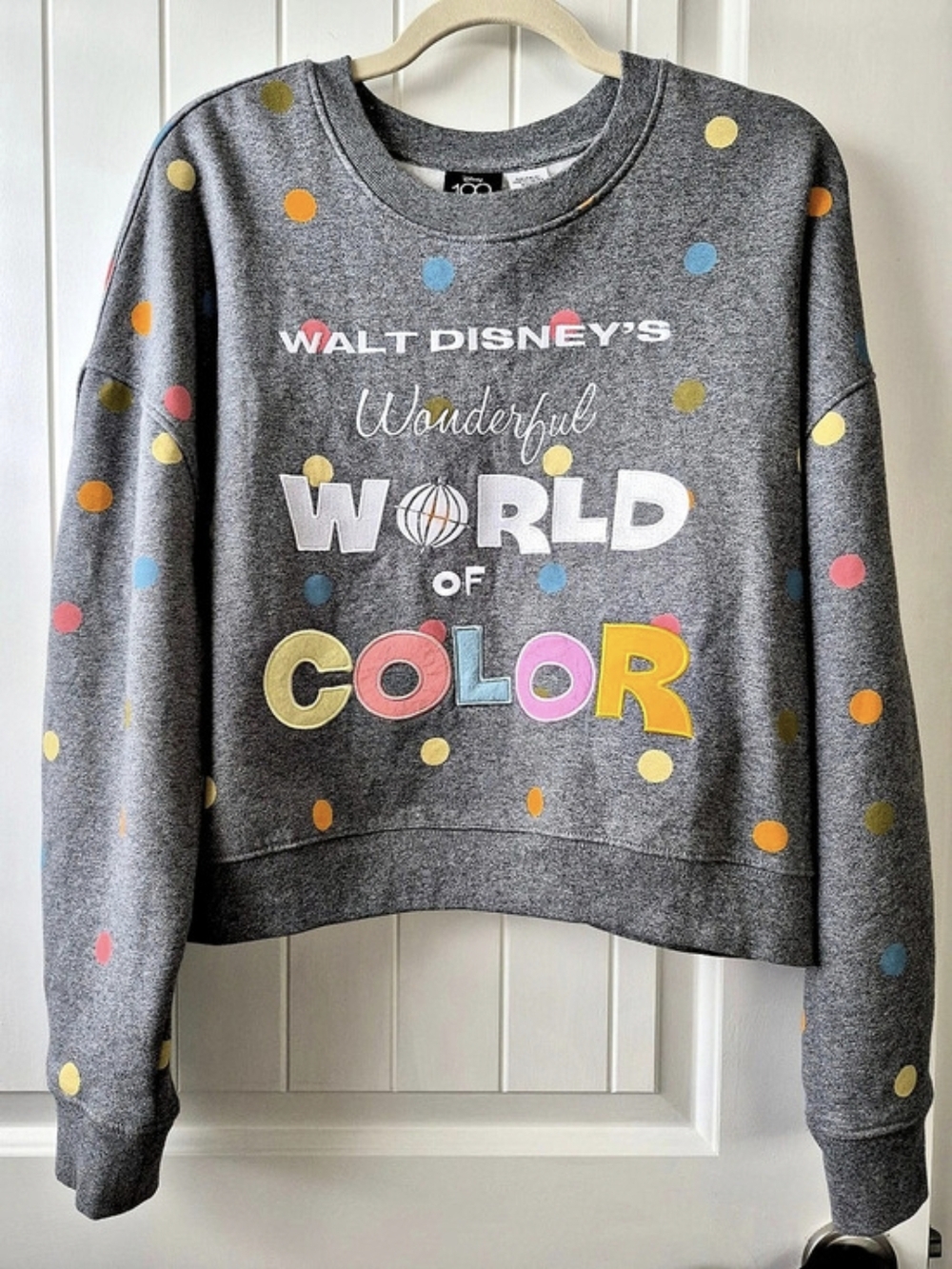 NWT Disney 100 Wonderful World of Color Polka Dot Cropped Sweatshirt Gray Size L